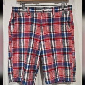 J. Crew Men's 30W Shorts Plaid Rivington Bermuda Preppy Red Linen Cotton